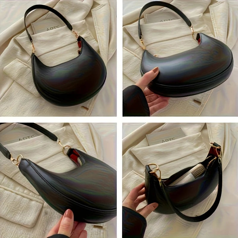 Vintage Tote Bag Retro Half Moon Pu Leather Handbag Shoulder Bags for Women Detachable Strap, Zipper Closure, Polyester Lining