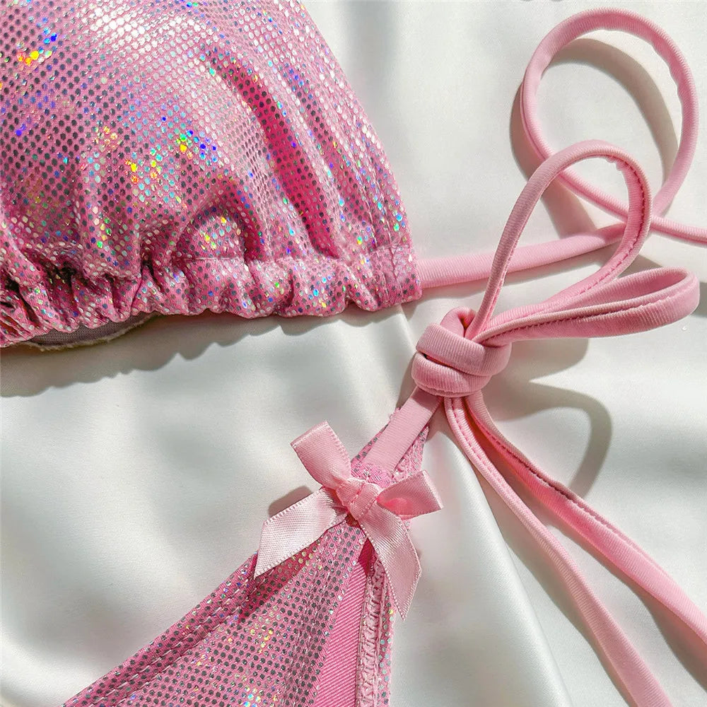 Women’s Pink Shiny String Halter Micro Bikini