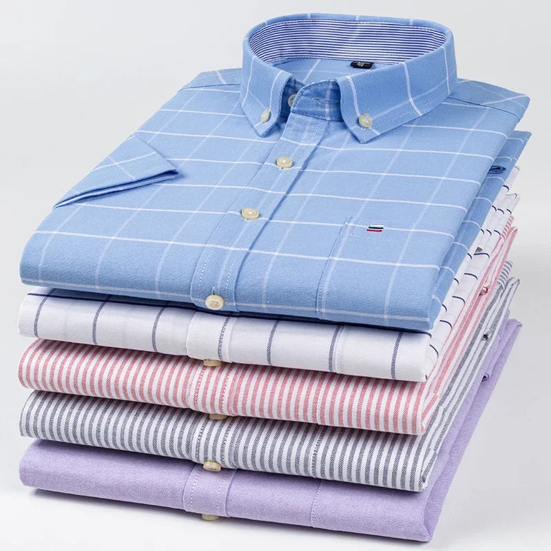 Men’s 100% Cotton Oxford Short‑Sleeve Shirt – Breathable Summer Plaid/Striped Business Casual (Regular/Oversized Fit)
