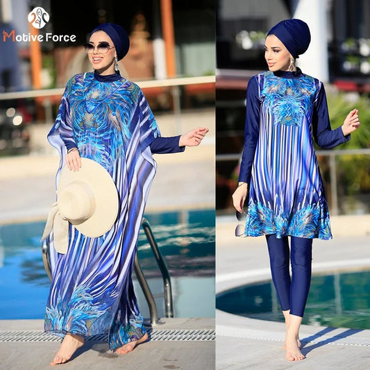 Women’s 4‑Piece Islamic Burkini Set – Long Sleeve Modest Swimwear with Hijab, Digital Print Sports Bathing Suit (4XL)