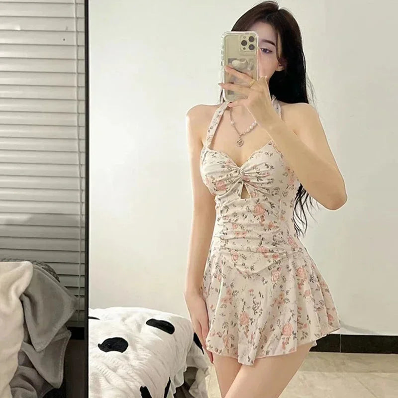 Women’s Hanging‑Neck One‑Piece Swimsuit & High‑Waist Bikini Set – Cute Beach Dress Swimwear