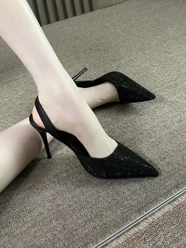 Bling Diamond High Heels Women 2025 Spring Pumps New Pointy Head After Empty Sexy Metal Girl Temperament Baotou French Sandals