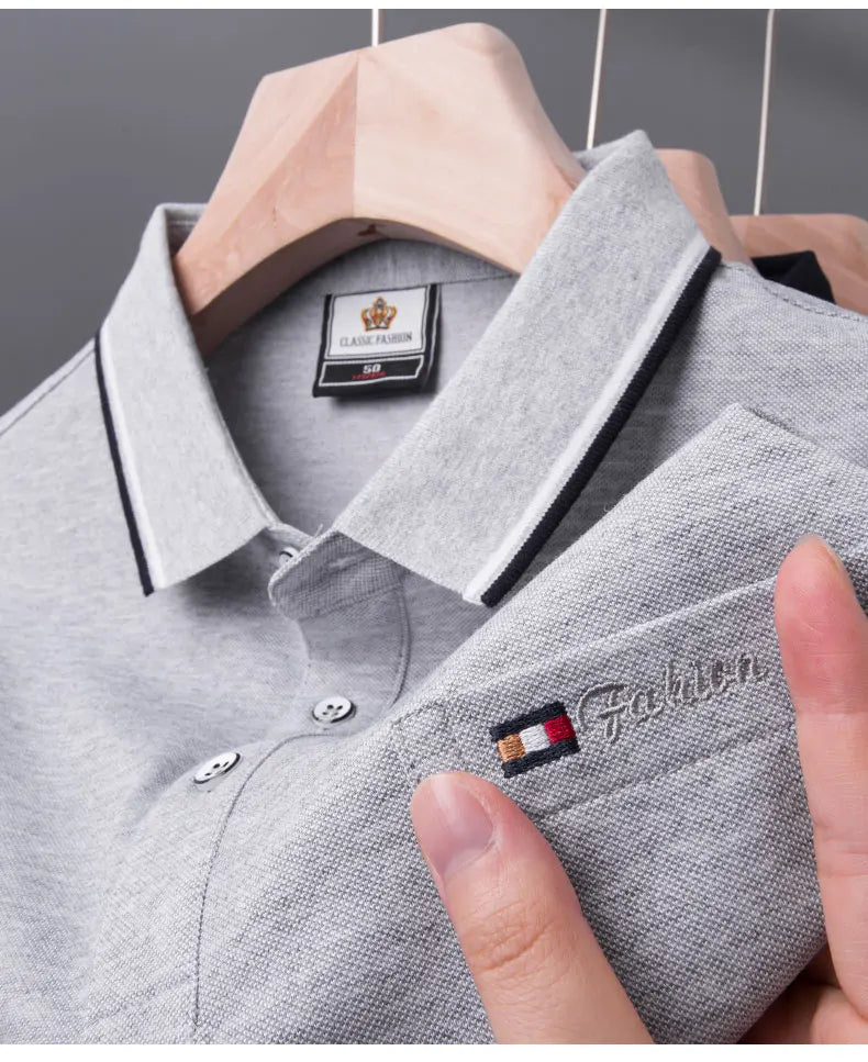 Top Grade Summer Short Sleeve Korean New Fashion Cotton Soft Pure Color Lapel Slim Fit Casual Tops Men's pocket Polo Shirts