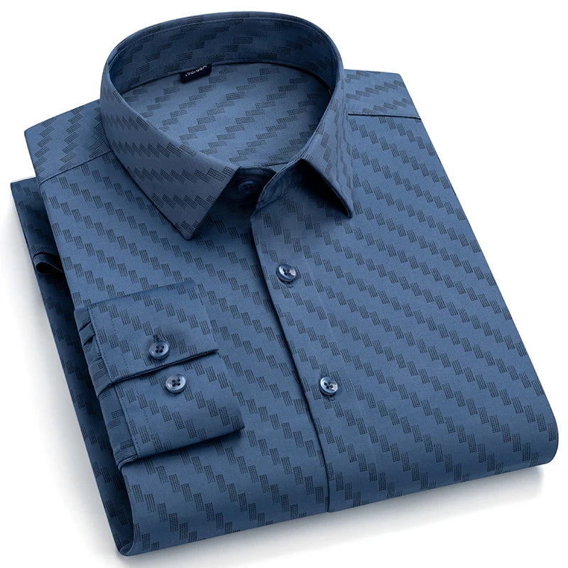 Men Long Sleeve Shirts Fashion Print Plaid Wrinkle Resistant Non Ironing Stripe Man Clothing Casual Smart Business Dress Shirts