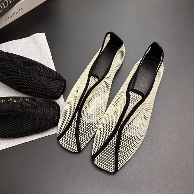 Hollowed-out Mesh Sandals for Women - Summer One-Piece Square-Toe Flat Mary Jane Sandals