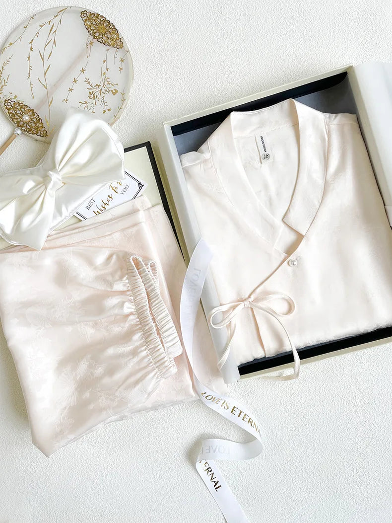 New Chinese Style Pajamas Women Jacquard Flower Sleepwear Short Sleeve Trouser Suits Spring Summer Silk Satin Nightwear Homewear