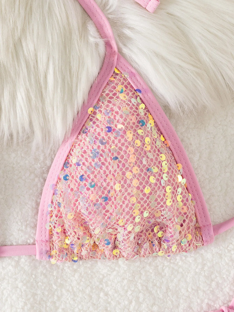 2025 Shiny Sequins Triangle Wrapped Bikini Set — Sexy Lace‑Up Micro Thong Swimsuit for Women