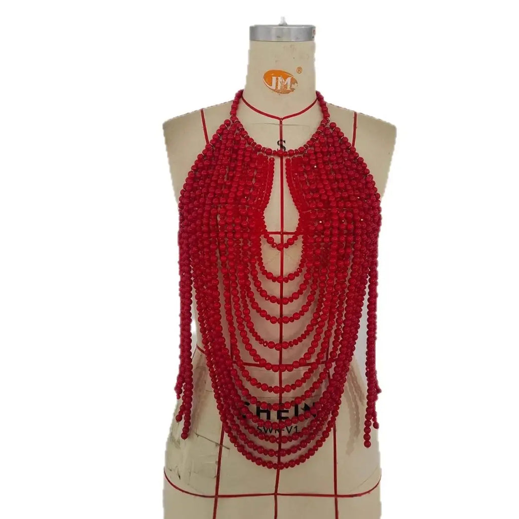 2025 Red Heavy Metal Beaded Body Chain — Y2K Cutout Sexy Nightclub Party Top for Women