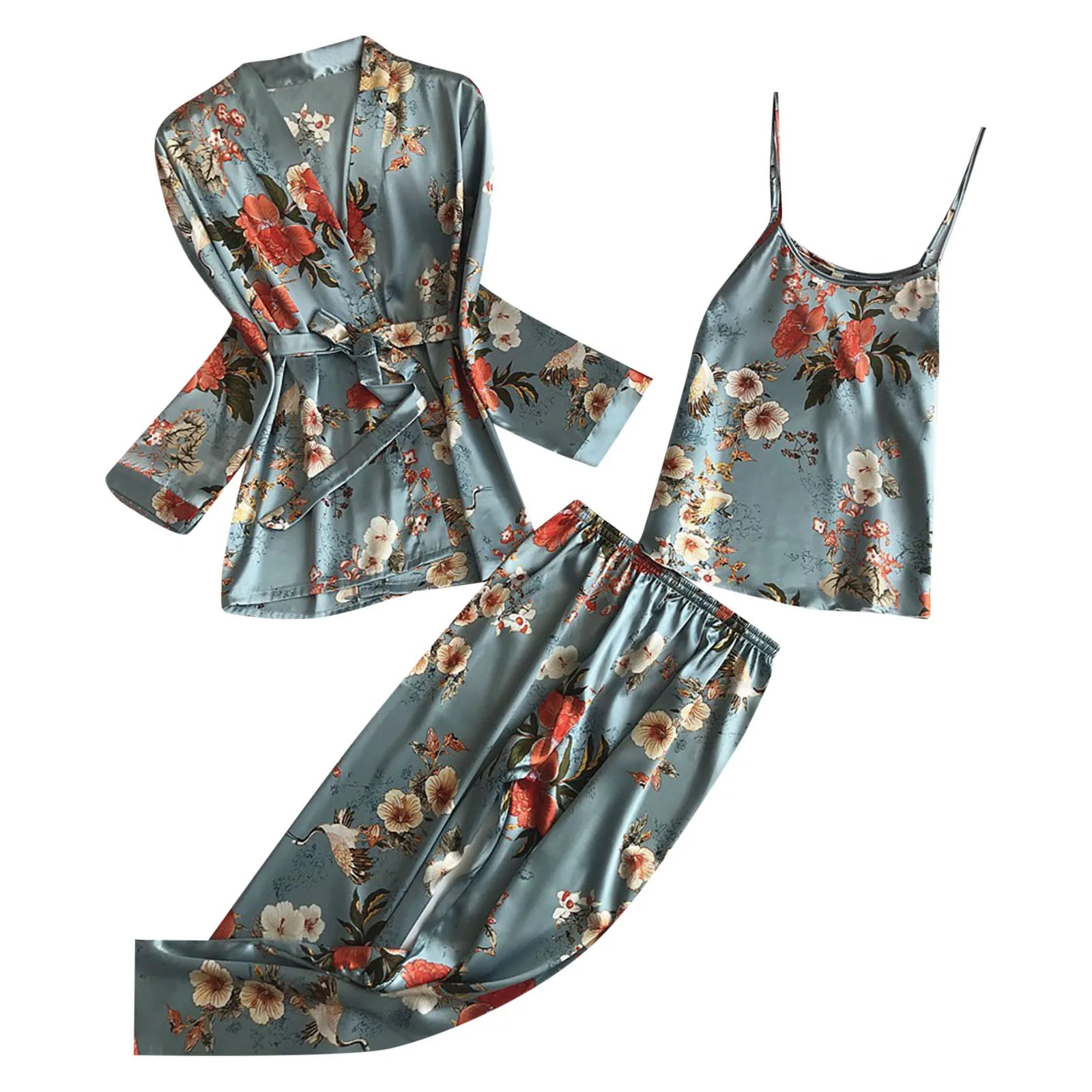 Women's Pajamas Sets Soft Silky Satin Folral Print Homewear Three Piece Home Suit Tank Top And Pants Pajamas Set With Nightgowns