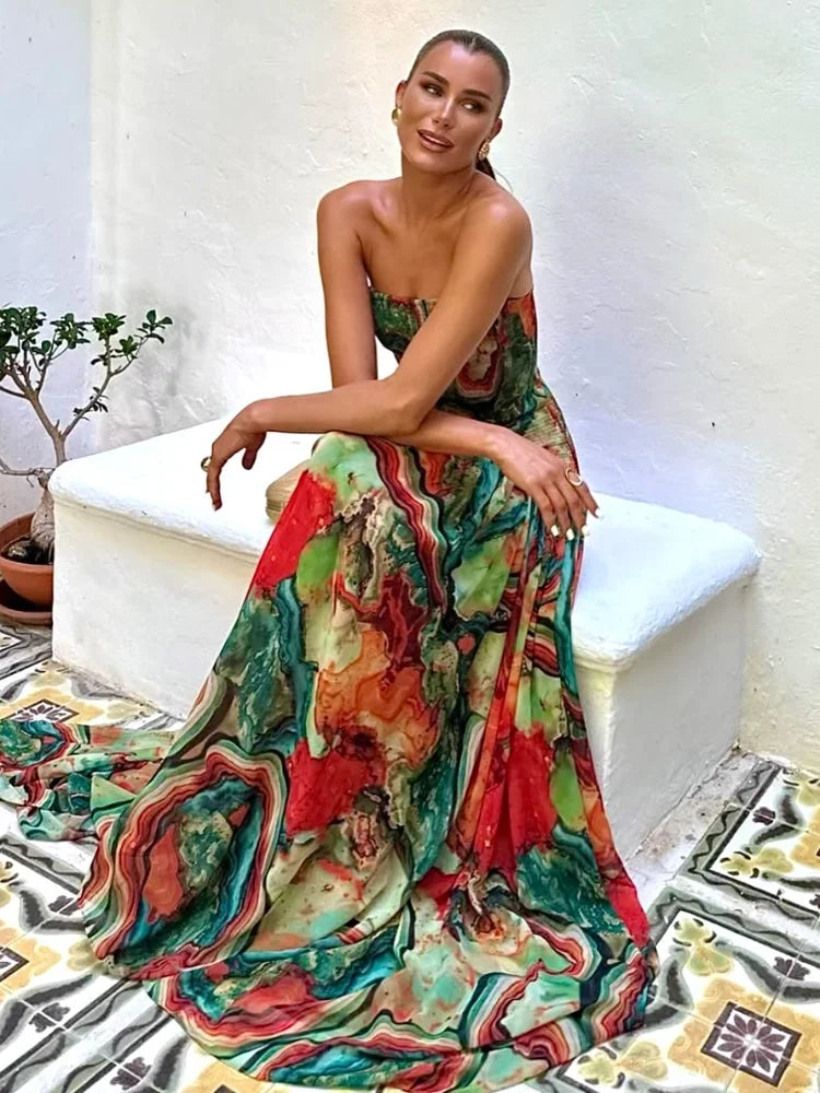 Pleated Waist Strapless Dress Women's New Printed Colorful Long Gown Elegant Fashionable Summer Vacation Party Robe 2025