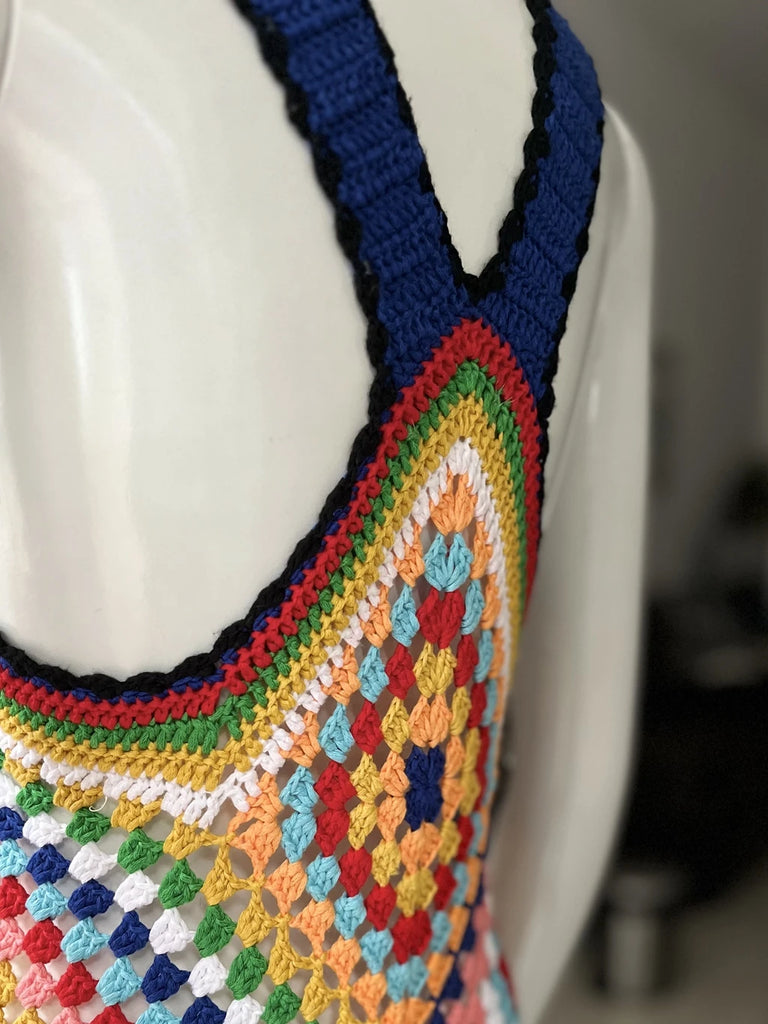 Women’s Summer Boho Handmade Crochet Maxi Dress — Colorful Racerback Knit Long Cover‑Up for Vacation & Beachwear