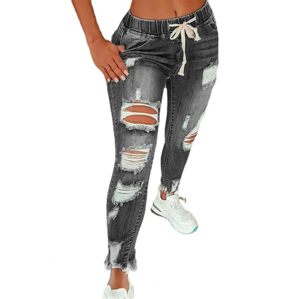 2022 Hot Sale Women Ripped Elastic Waist Jeans Fashion Slim High Stretch Denim Pencil Pants Large Size Trousers S-5XL Drop Ship