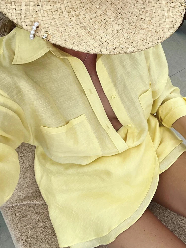 JULISSA MO Casual Vacation Two Piece Sets Women Shirt Suit Yellow Turn-down Collar Bandage Mini Skirt Set Summer Slim Beachwear