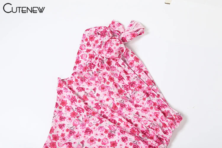 Cutenew Floral Print Women Midi Dresses Fashion Incline Shoulder Bandage Ruffle Splited Vestidos Female Vacation Street Bodycon