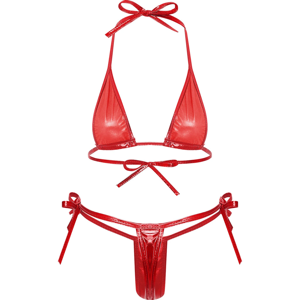 Women’s Metallic Shiny Bikini Set – Lacing Brazilian Micro Swimsuit with Triangle Top & G‑String Bottoms