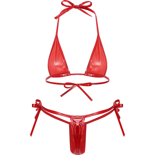 Women’s Metallic Shiny Bikini Set – Lacing Brazilian Micro Swimsuit with Triangle Top & G‑String Bottoms