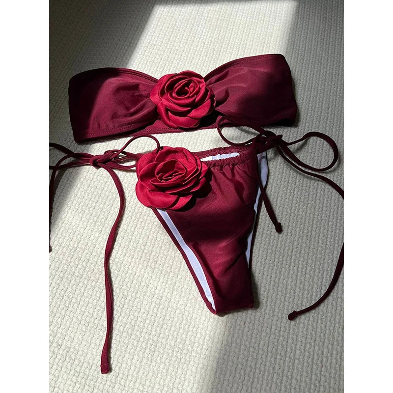OIINAA Swimsuit Women Sexy Soild Color Bikini Set 3D Floral Swimwear Split Strapless Two-Piece Biquini Lace Up Bathing Suit 2024