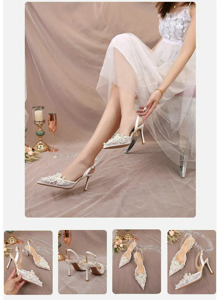 2025 White Wedding Shoes Bridesmaid Shoes Women's Lace Shoes Fashion High Heels Pearl Pumps