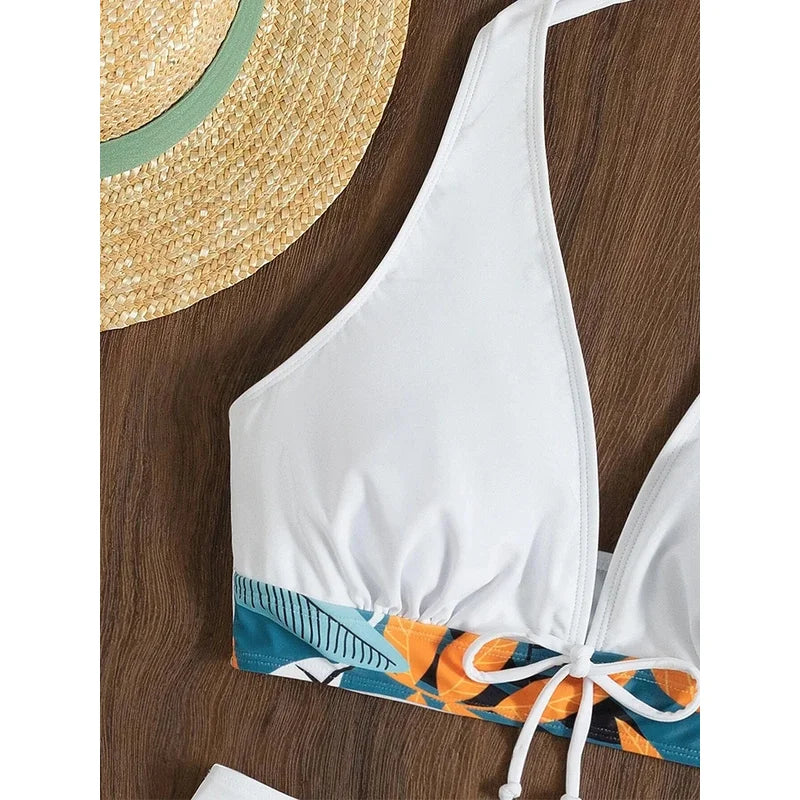 2023 Women’s Halter High‑Waist Bikini Set – Printed Short Swimsuit Two‑Piece Beachwear