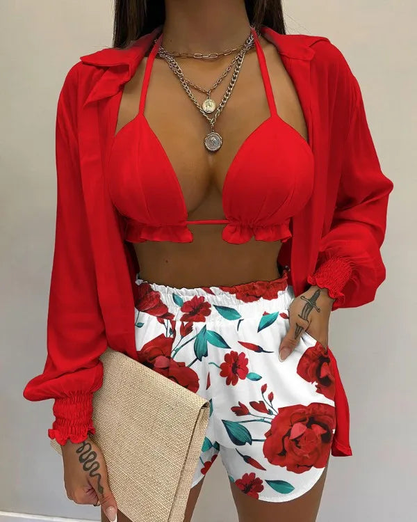 Women’s 2024 High‑Waist 3‑Piece Bikini Set – Printed Swimsuit with Shorts Cover‑Up Summer Beachwear