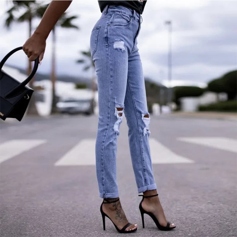 Stretch Broken Hole Straight Tube High-waisted Jeans, Women's Spring/autumn Close-fitting Hip Lift Grinding Broken Long Jeans