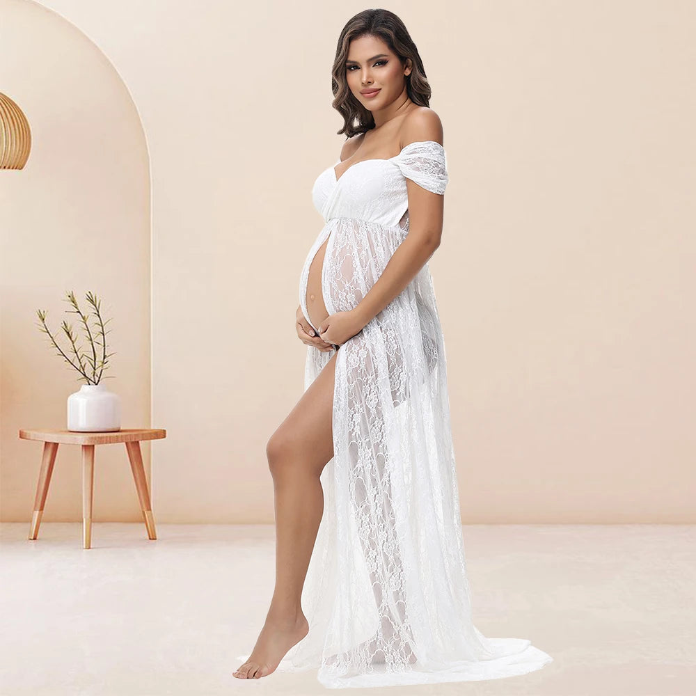 Maternity Summer Lace Sexy Long Dress Off-Shoulder High Waist Slit For PhotoShoot Baby Shower Pregnancy Women Bohemian Gown