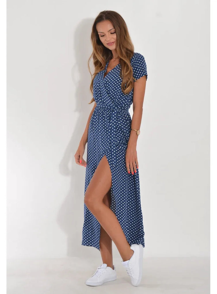 Summer Polka Dot Split Hem Long Dress Women 2023 New Fashion V Neck Print Sundress Vestidos Short Sleeved Waisted Lace-up Dress