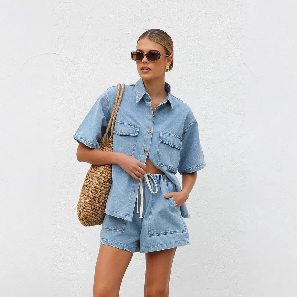 Women 2pcs Clothes Set Denim Short Sleeve Jacket Coat Shirt & High Waist Shorts Pants Jeans Sexy