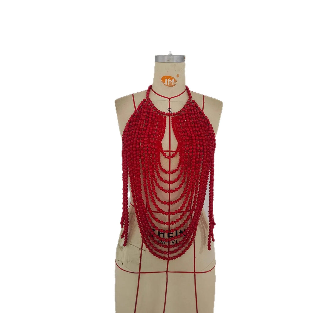 2025 Red Heavy Metal Beaded Body Chain — Y2K Cutout Sexy Nightclub Party Top for Women