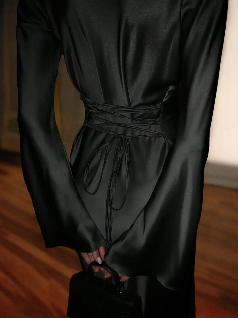 Women’s Bespoke Satin Maxi Dress – Corset Waist Tie, Round Neck & Flared Sleeves | Luxury Evening Gown 2026