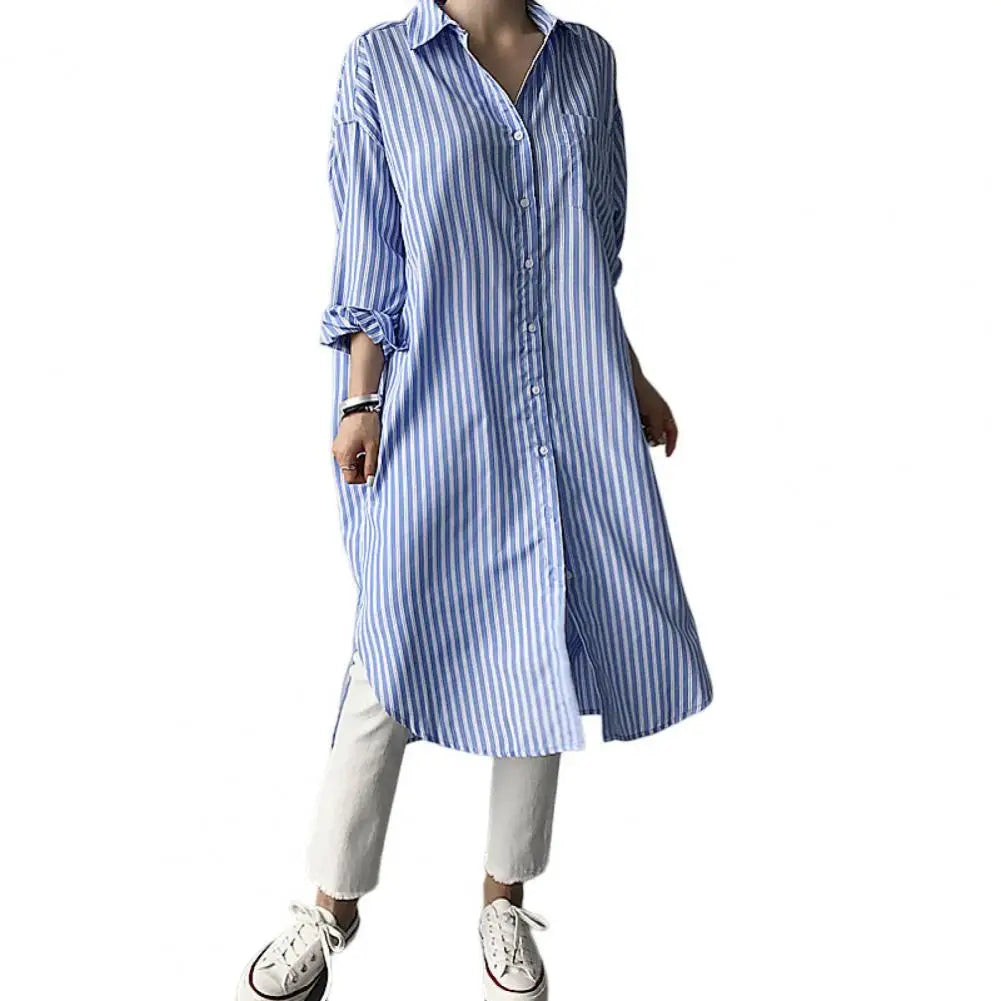 Spring Lady Shirt Contrast Color Striped Print Long Sleeves Single-breasted Cardigan Blouse Split Hem Long Blouse Lady Clothing