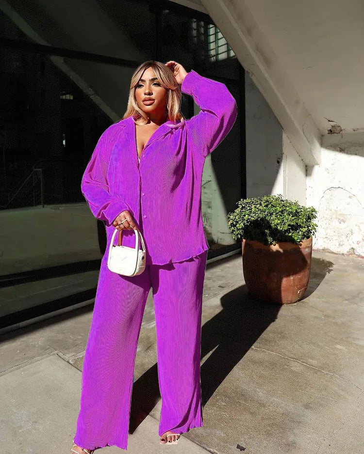 CM.YAYA Street Women's Set Long Sleeve Shirt Tops and Wide Leg Pants Elegant Tracksuit Two Piece Set Sweatsuit Fitness Outfits