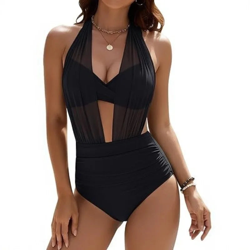 Fashion Tummy Control Mesh Bikini Set Women Swimsuit Sexy Deep V Neck 1 Piece Bathing Suit Summer Solid Sexy Tight Resort Wear