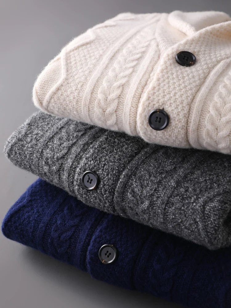 Autumn Winter Men 100% Merino Wool knitted Cashmere Sweater Thick Jacquard Coat Turn-Down Collar Cardigan Smart Casual Chic Tops