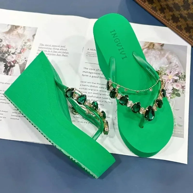 Women’s High Heeled Flip Flops — Diamond Slope Heel Slippers Elegant Beach Sandals