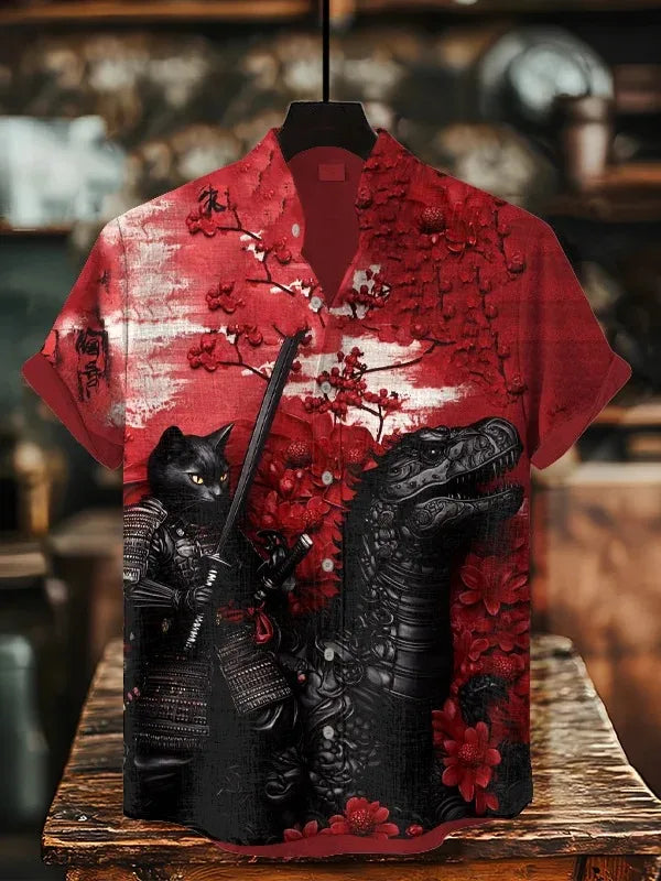 Men's Retro Cat Shirt Funny Calligraphy Dinosaur Volcanic Eruption Print Short Sleeve Holiday Outwear Vintage Japanese Clothing