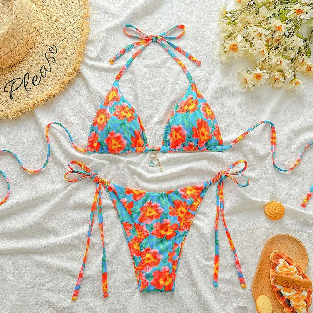 Floral Print Tie Side Bikini Set Women Sexy Trendy Cute Yet Sultry Premium Two Piece Swimsuit for Beach Hot Spring Vacation