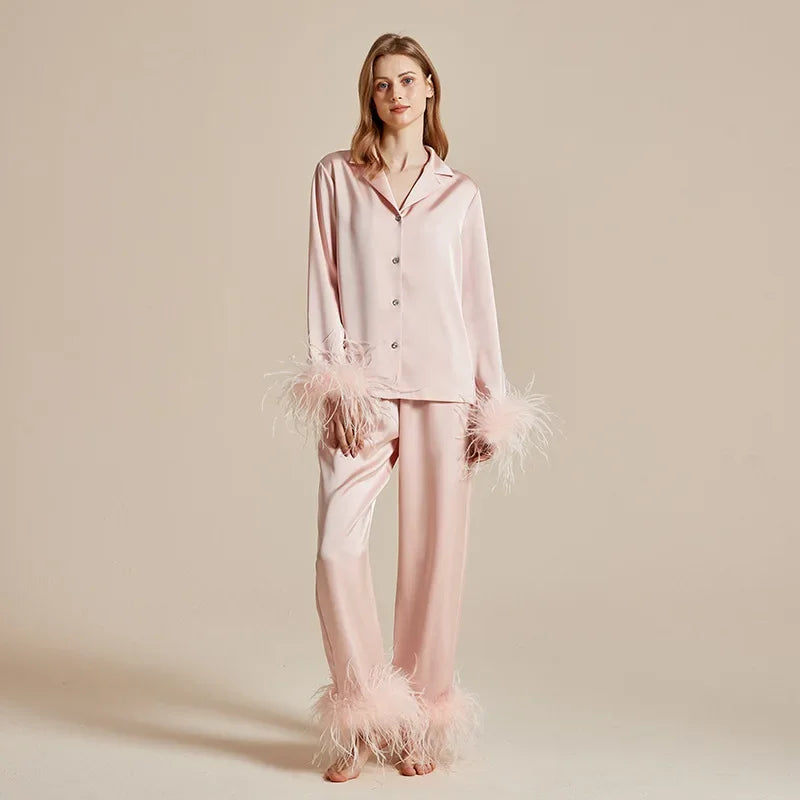 luxury feather‑trim satin pajama set