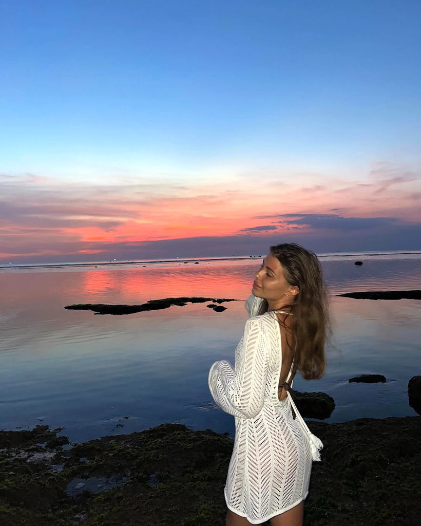 Women’s 2026 Knit Backless Tassel Cover‑Up – Lace‑Up Cut‑Out Bell Sleeve Mini Dress K110