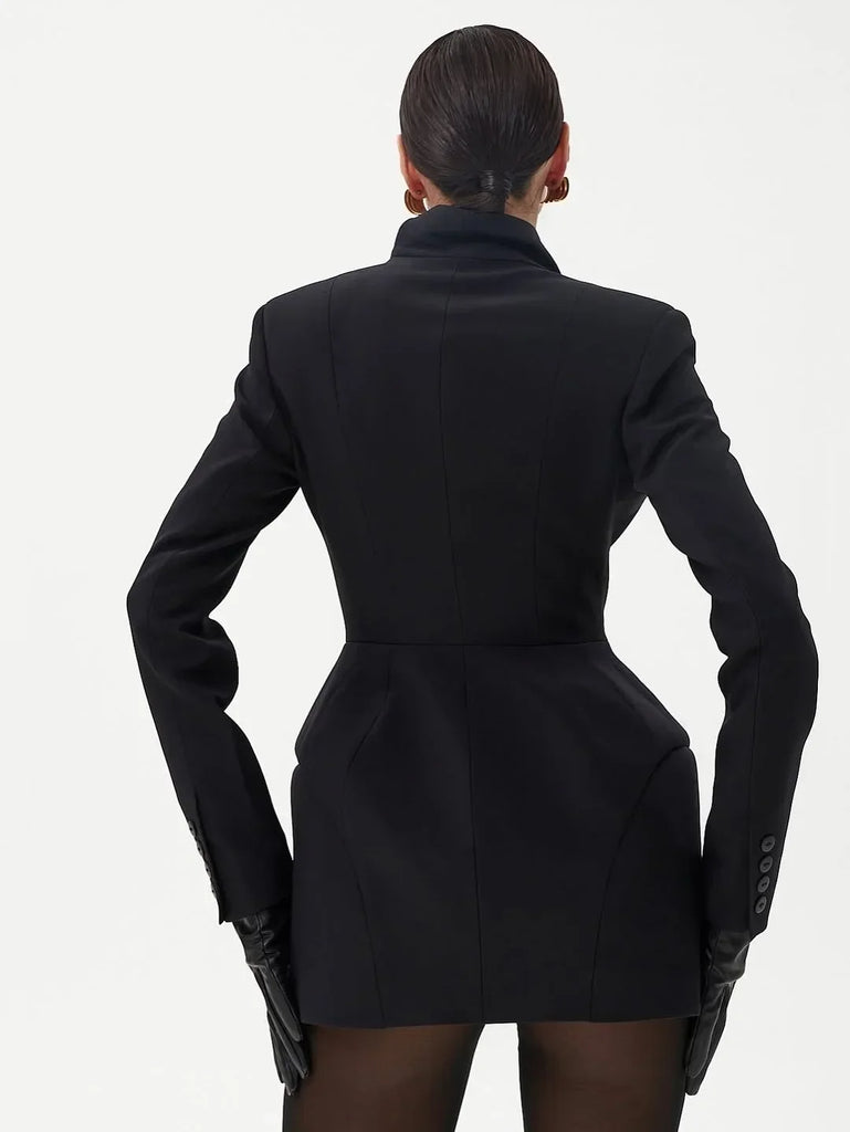 Women Waist Cinching Suit Jacket Elegant V-neck Full Sleeve Single Button Shoulder Pad Slim Coat Fashion Lady Commute Outerwear