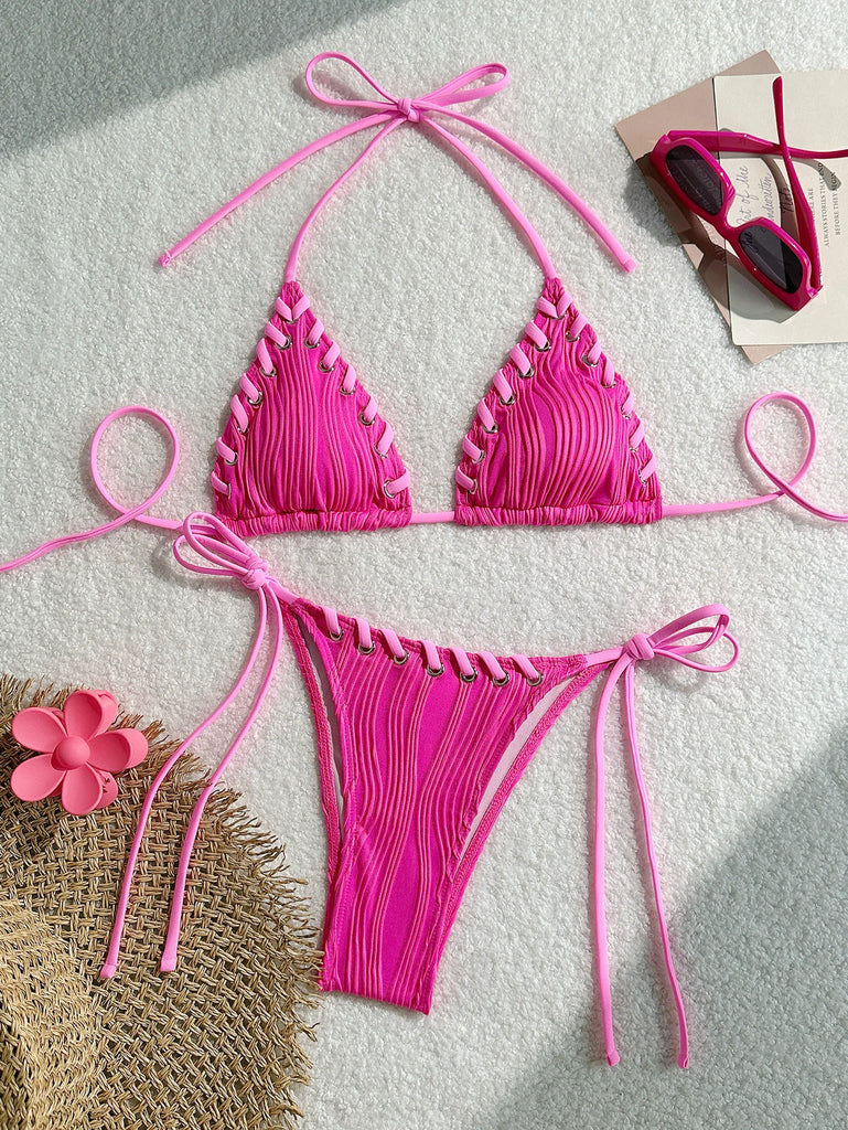 Halter Wrinkled Weave Bikini Set Women Swimwear Female Swimsuit Two Pieces Bikini Set Brazilian Bathing Suit Swim Beach Wear