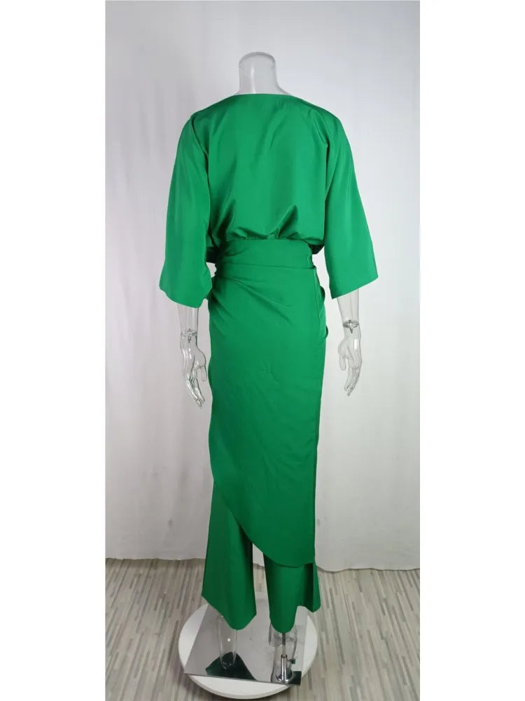 Fashion Solid Color Pant Sets Two Piece Set Women V-Neck Lace Up Short Sleeve Irregular Long T Shirt Trousers Two Piece Set 2024