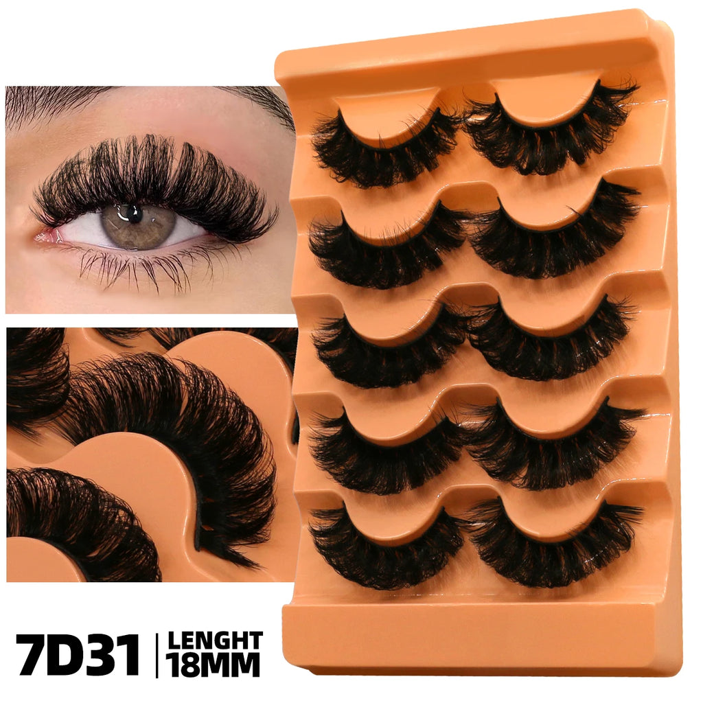 GROINNEYA Fluffy Lashes 5 Pairs D Curl 3D Mink False Eyelashes Thick Volume Russian Strip Lashes Mink Lashes Faux Natural Fake L