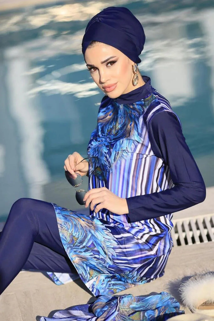 Women’s 4‑Piece Islamic Burkini Set – Long Sleeve Modest Swimwear with Hijab, Digital Print Sports Bathing Suit (4XL)