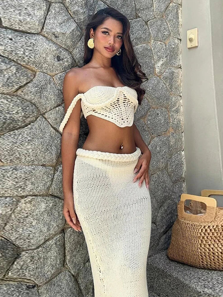Women’s Crochet Halter Bikini Top & Fishtail Skirt Set – Hollow‑Out Backless Beachwear Outfit