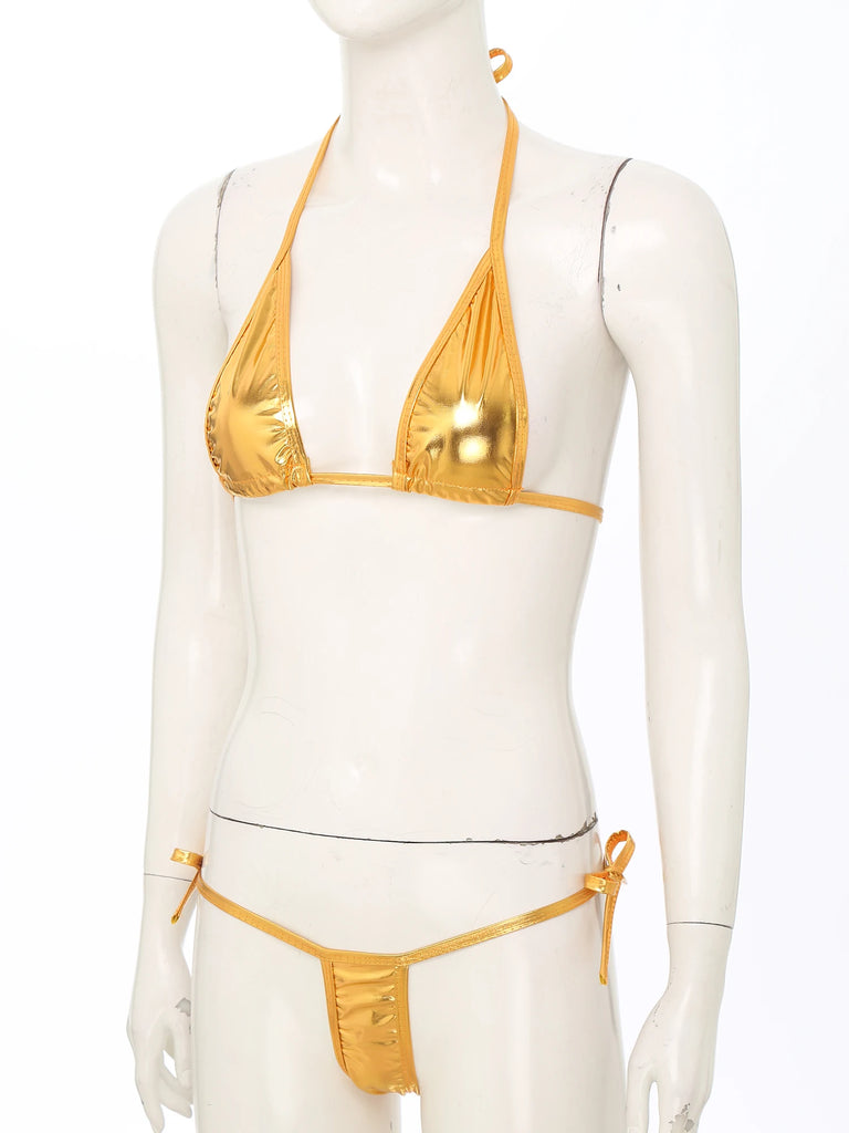 Women’s Metallic Shiny Bikini Set – Lacing Brazilian Micro Swimsuit with Triangle Top & G‑String Bottoms