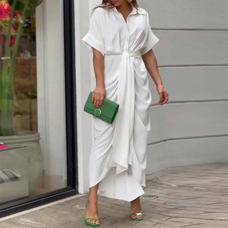 New 2025 Spring Summer Bohemia Shirt Print Dresses Women Turn-down Collar Sashes Long Dress Casual Party Oversized Loose Dress