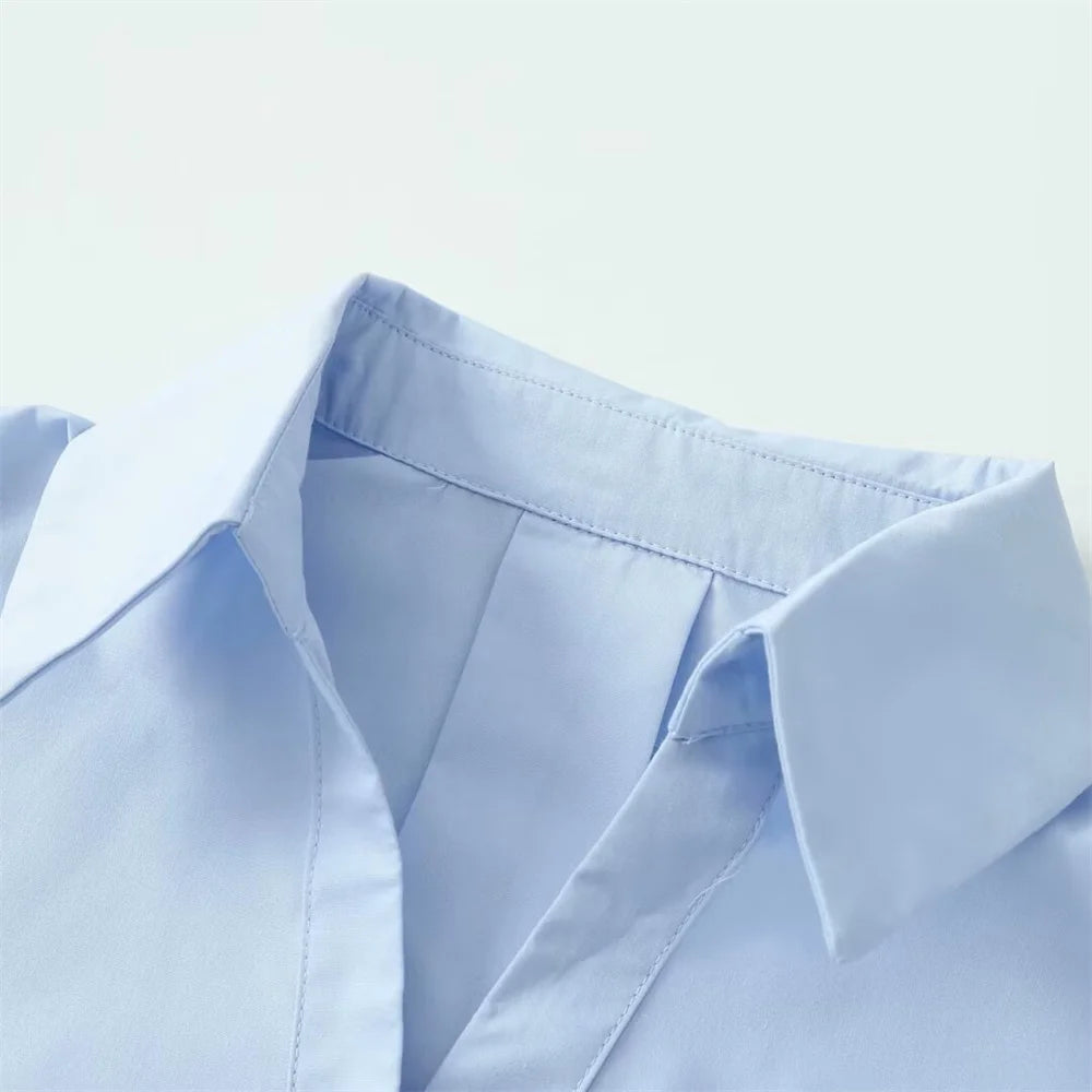 PB&ZA 2025 Women's Light Blue Oversized Collared Button - Down Shirt with 3/4 Sleeves for a Casual and Chic Look