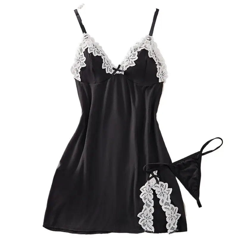 Light Purple Deep‑V Lace Bow Nightdress