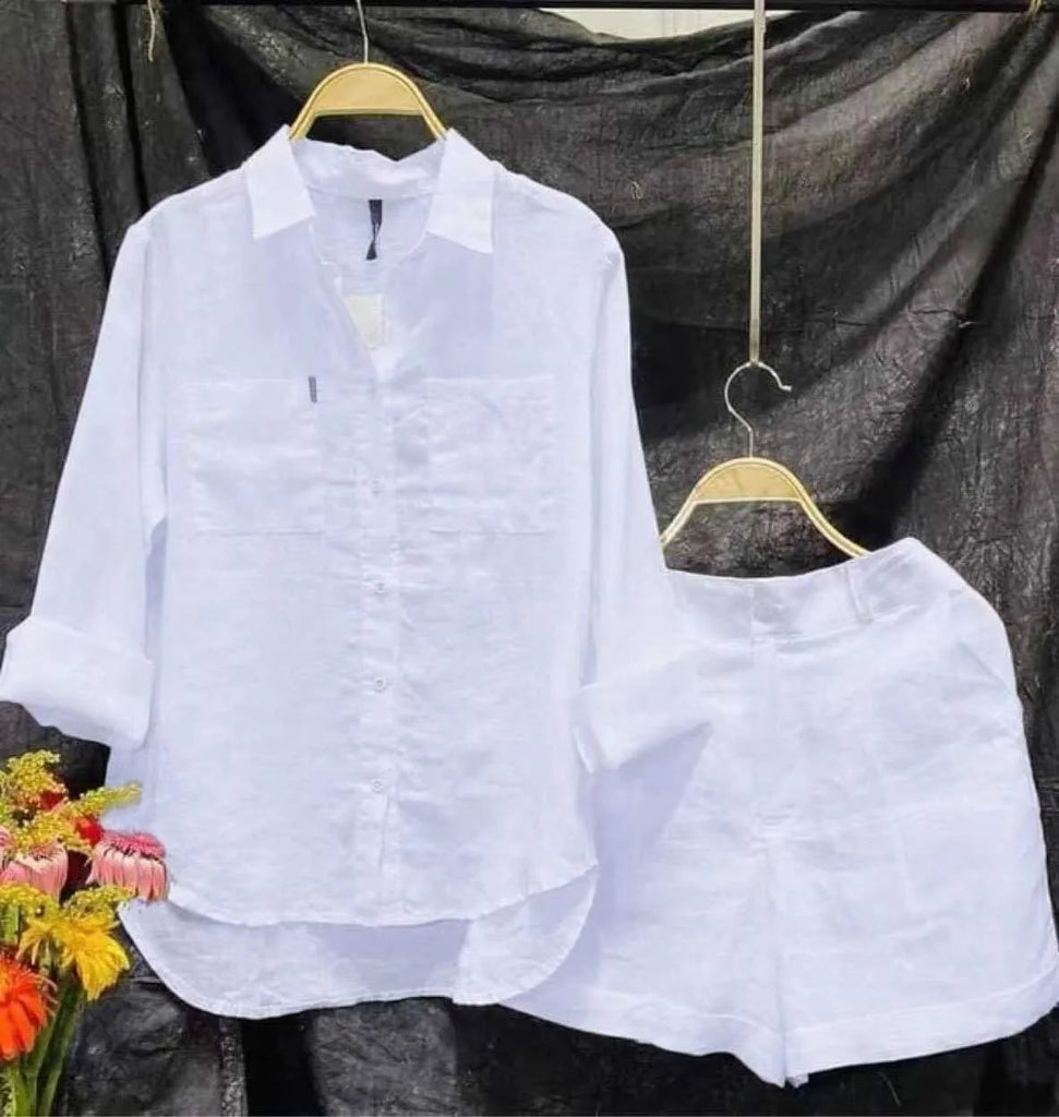 Spring Summer Short Set Women Fashion Green Casual Long Sleeve Shirt Top 2 Piece Set Female Holiday Solid New Suit Lady Clothing